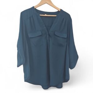 Torrid Harper Sheer Split Neck Blouse Sz 2X Deep Teal Lightweight Chic Workwear